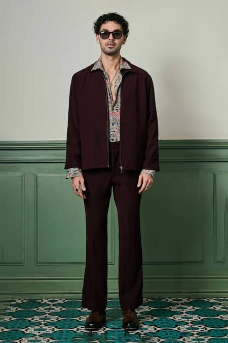 Asuka Maroon Lace Solid Zip-up Jacket With Pant Online at Aza Fashions Asuka_Maroon Lace Solid Zip-up Jacket With Pant _Online_at_Aza_Fashions