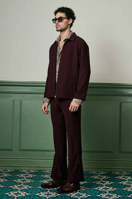 Buy Asuka Maroon Lace Solid Zip-up Jacket With Pant Online at Aza Fashions Buy_Asuka_Maroon Lace Solid Zip-up Jacket With Pant _Online_at_Aza_Fashions