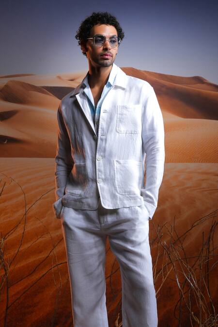 Asuka White Linen Woven Textured Jacket With Pant Online at Aza Fashions Asuka_White Linen Woven Textured Jacket With Pant _Online_at_Aza_Fashions