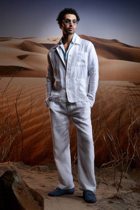 Shop Asuka White Linen Woven Textured Jacket With Pant Online at Aza Fashions Shop_Asuka_White Linen Woven Textured Jacket With Pant _Online_at_Aza_Fashions