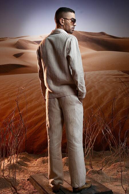 Shop_Asuka_Beige Herringbone Linen Woven Solid Textured Jacket With Pant _at_Aza_Fashions