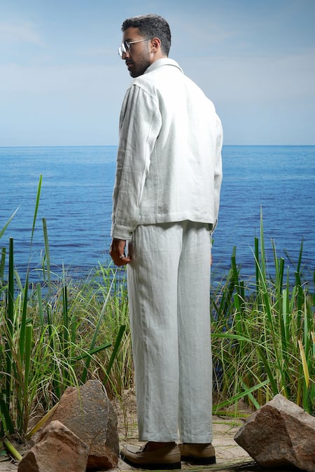 Shop_Asuka_Green Herringbone Linen Woven Solid Textured Jacket With Pant _at_Aza_Fashions