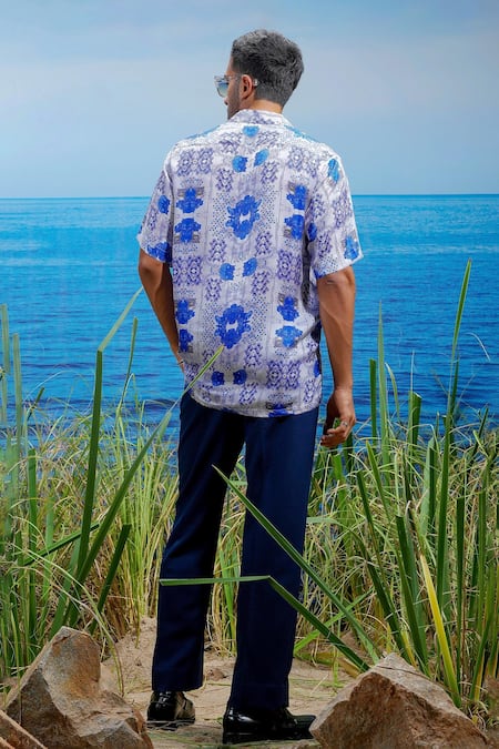 Shop Asuka White Habutai Silk Printed Floral Geometric Riviera Shirt at Aza Fashions Shop_Asuka_White Habutai Silk Printed Floral Geometric Riviera Shirt _at_Aza_Fashions