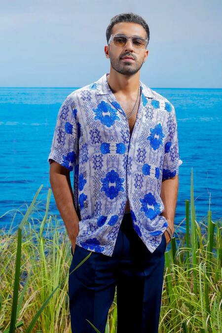 Buy Asuka White Habutai Silk Printed Floral Geometric Riviera Shirt Online at Aza Fashions Buy_Asuka_White Habutai Silk Printed Floral Geometric Riviera Shirt _Online_at_Aza_Fashions