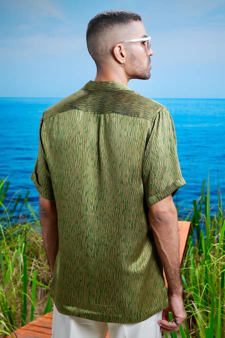 Shop Asuka Green Habutai Silk Printed Abstract Wavy Zephyr Shirt at Aza Fashions Shop_Asuka_Green Habutai Silk Printed Abstract Wavy Zephyr Shirt _at_Aza_Fashions