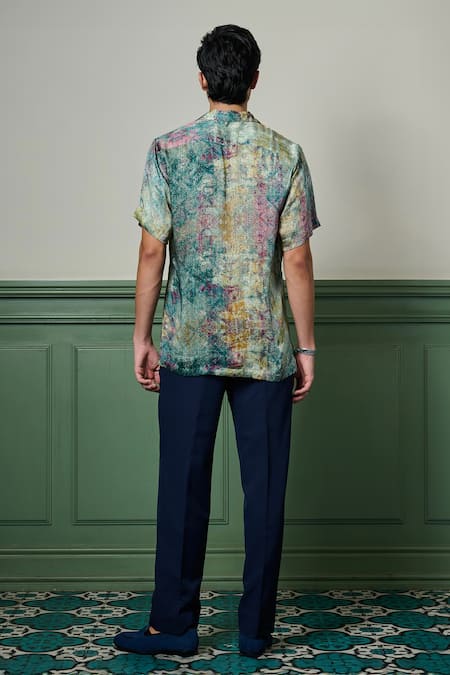 Shop Asuka Green Silk Mystic Terrain Printed Shirt at Aza Fashions Shop_Asuka_Green Silk Mystic Terrain Printed Shirt _at_Aza_Fashions