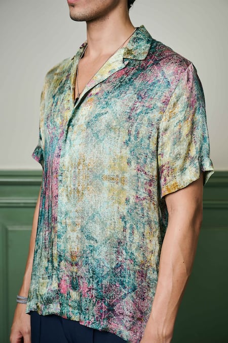 Asuka Green Silk Mystic Terrain Printed Shirt Online at Aza Fashions Asuka_Green Silk Mystic Terrain Printed Shirt _Online_at_Aza_Fashions
