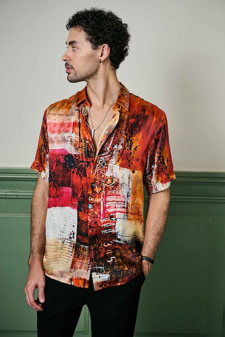 Asuka_Red Habutai Silk Printed Abstract Ember Oasis Shirt _Online_at_Aza_Fashions