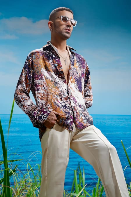 Asuka Multi Color Habutai Silk Printed Splatter Seraphic Cascade Shirt Online at Aza Fashions Asuka_Multi Color Habutai Silk Printed Splatter Seraphic Cascade Shirt _Online_at_Aza_Fashions