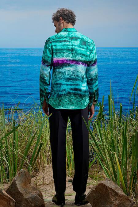 Shop_Asuka_Green Habutai Silk Printed Gradient Abyss Shirt _at_Aza_Fashions