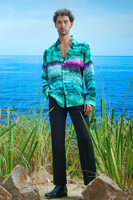 Asuka_Green Habutai Silk Printed Gradient Abyss Shirt _Online_at_Aza_Fashions
