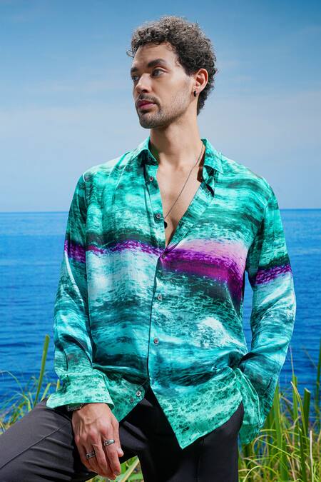 Buy_Asuka_Green Habutai Silk Printed Gradient Abyss Shirt _Online_at_Aza_Fashions