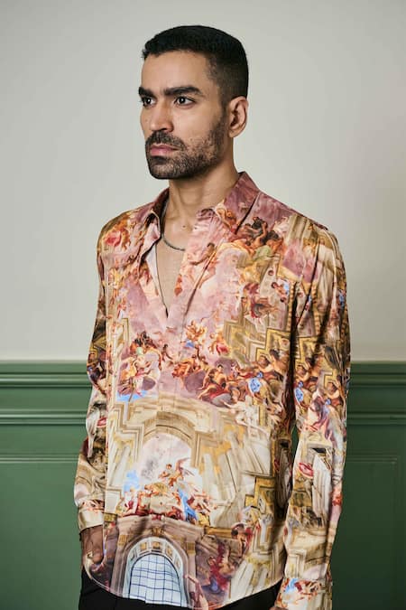 Buy_Asuka_Red Habutai Silk Printed Roman Art Shirt _Online_at_Aza_Fashions