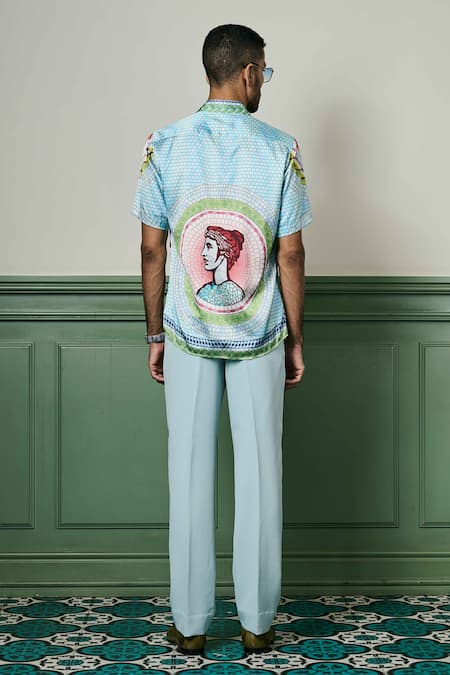 Shop Asuka Blue Silk Embroidery Greek Mosaic Art Print Shirt at Aza Fashions Shop_Asuka_Blue Silk Embroidery Greek Mosaic Art Print Shirt _at_Aza_Fashions