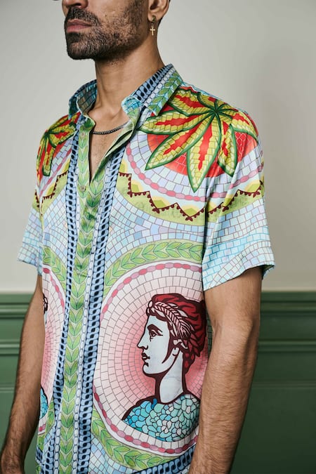 Asuka Blue Silk Embroidery Greek Mosaic Art Print Shirt Online at Aza Fashions Asuka_Blue Silk Embroidery Greek Mosaic Art Print Shirt _Online_at_Aza_Fashions