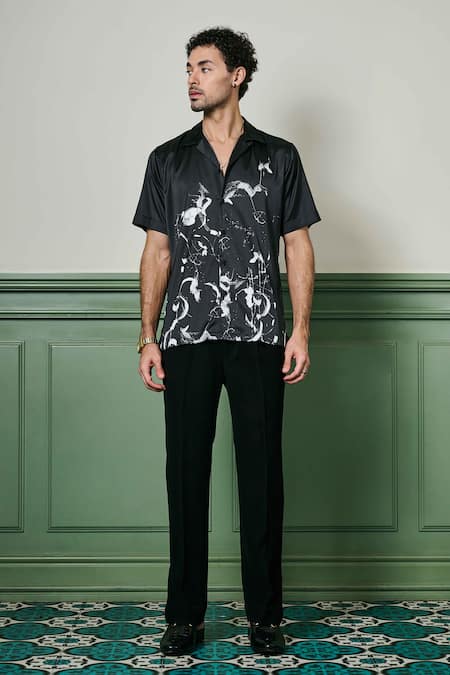 Shop Asuka Black Habutai Silk Printed Brushstroke Nocturnal Shirt at Aza Fashions Shop_Asuka_Black Habutai Silk Printed Brushstroke Nocturnal Shirt _at_Aza_Fashions