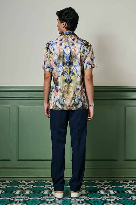 Shop Asuka Blue Silk Verdant Dreams Print Shirt at Aza Fashions Shop_Asuka_Blue Silk Verdant Dreams Print Shirt _at_Aza_Fashions