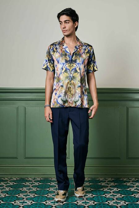 Asuka Blue Silk Verdant Dreams Print Shirt Online at Aza Fashions Asuka_Blue Silk Verdant Dreams Print Shirt _Online_at_Aza_Fashions