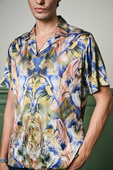 Buy Asuka Blue Silk Verdant Dreams Print Shirt Online at Aza Fashions Buy_Asuka_Blue Silk Verdant Dreams Print Shirt _Online_at_Aza_Fashions
