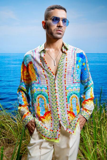 Buy_Asuka_Multi Color Habutai Silk Printed Mosaic Architecture Palazzo Arches Shirt _Online_at_Aza_Fashions