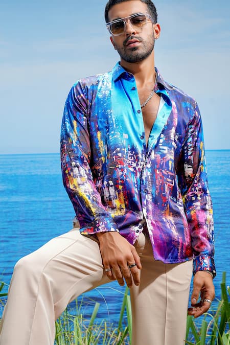 Asuka Multi Color Habutai Silk Printed Geometric Vienna Prism Shirt Online at Aza Fashions Asuka_Multi Color Habutai Silk Printed Geometric Vienna Prism Shirt _Online_at_Aza_Fashions