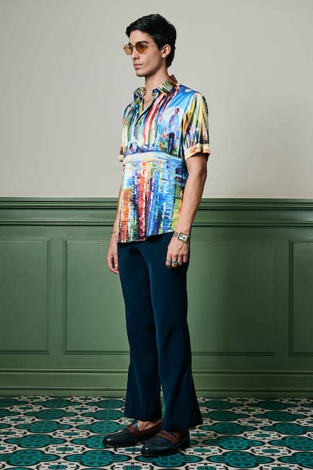 Asuka Blue Habutai Silk Printed Skyline Symphony Shirt Online at Aza Fashions Asuka_Blue Habutai Silk Printed Skyline Symphony Shirt _Online_at_Aza_Fashions
