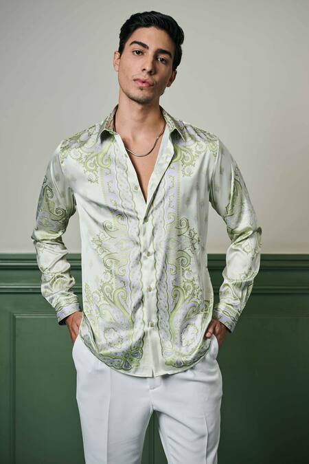 Asuka Green Silk Embroidery Reverie Scrollwork Pattern Shirt Online at Aza Fashions Asuka_Green Silk Embroidery Reverie Scrollwork Pattern Shirt _Online_at_Aza_Fashions