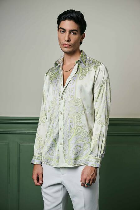 Buy Asuka Green Silk Embroidery Reverie Scrollwork Pattern Shirt Online at Aza Fashions Buy_Asuka_Green Silk Embroidery Reverie Scrollwork Pattern Shirt _Online_at_Aza_Fashions