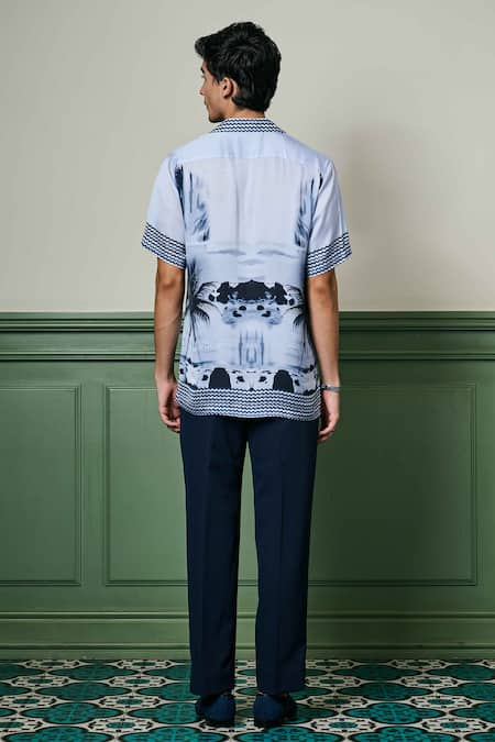 Shop Asuka Blue Habutai Silk Printed Tropical Twilight Shirt at Aza Fashions Shop_Asuka_Blue Habutai Silk Printed Tropical Twilight Shirt _at_Aza_Fashions