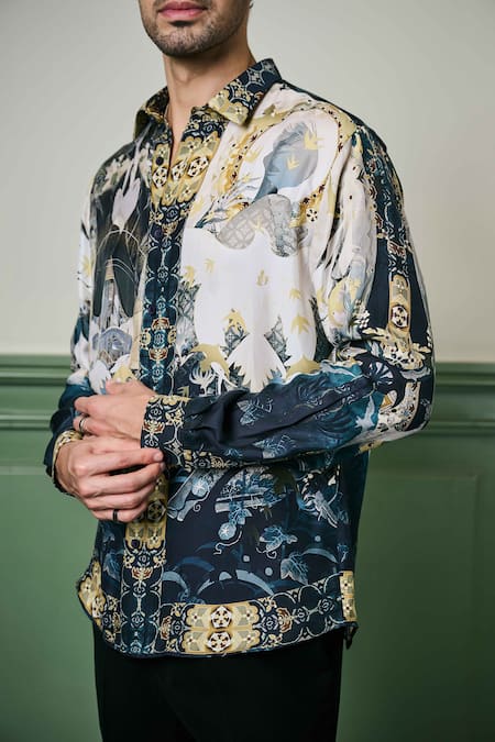 Asuka Black Silk Kyoto Nightfall Print Shirt Online at Aza Fashions Asuka_Black Silk Kyoto Nightfall Print Shirt _Online_at_Aza_Fashions