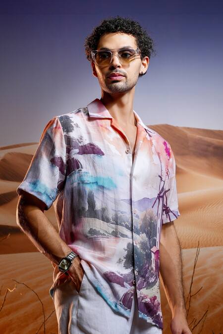 Asuka Multi Color Silk Portofino Sunset Print Cuban Shirt Online at Aza Fashions Asuka_Multi Color Silk Portofino Sunset Print Cuban Shirt _Online_at_Aza_Fashions