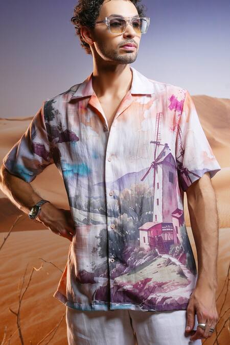 Buy Asuka Multi Color Silk Portofino Sunset Print Cuban Shirt Online at Aza Fashions Buy_Asuka_Multi Color Silk Portofino Sunset Print Cuban Shirt _Online_at_Aza_Fashions