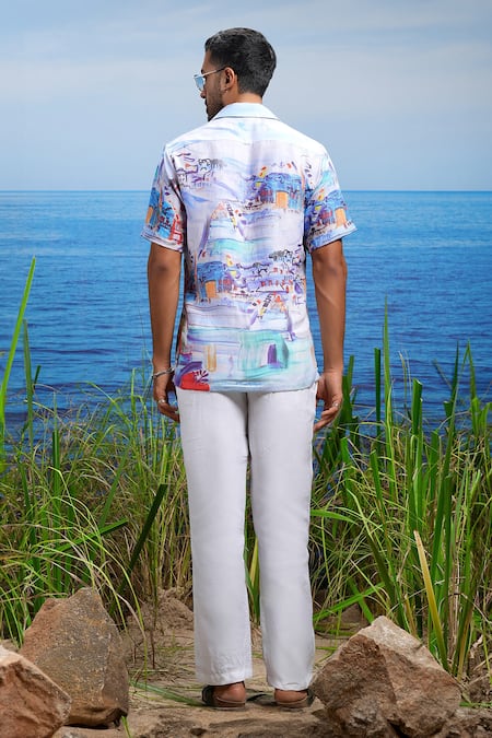 Shop Asuka Blue Linen Amalfi Vista Coast Print Shirt at Aza Fashions Shop_Asuka_Blue Linen Amalfi Vista Coast Print Shirt _at_Aza_Fashions