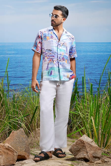 Asuka Blue Linen Amalfi Vista Coast Print Shirt Online at Aza Fashions Asuka_Blue Linen Amalfi Vista Coast Print Shirt _Online_at_Aza_Fashions