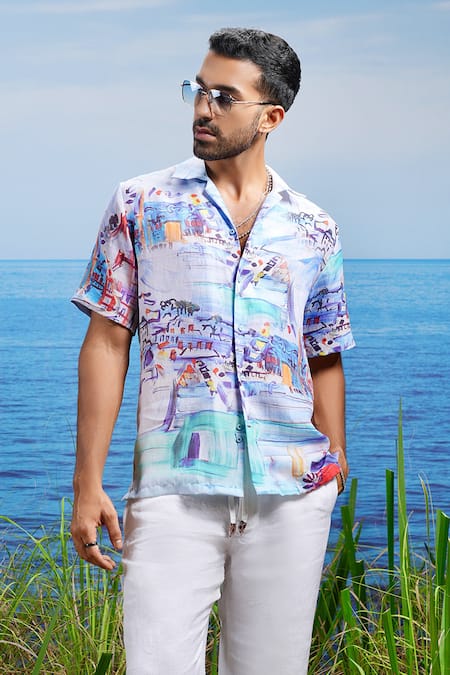 Buy Asuka Blue Linen Amalfi Vista Coast Print Shirt Online at Aza Fashions Buy_Asuka_Blue Linen Amalfi Vista Coast Print Shirt _Online_at_Aza_Fashions