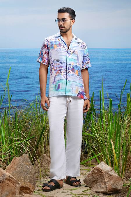 Shop Asuka Blue Linen Amalfi Vista Coast Print Shirt Online at Aza Fashions Shop_Asuka_Blue Linen Amalfi Vista Coast Print Shirt _Online_at_Aza_Fashions