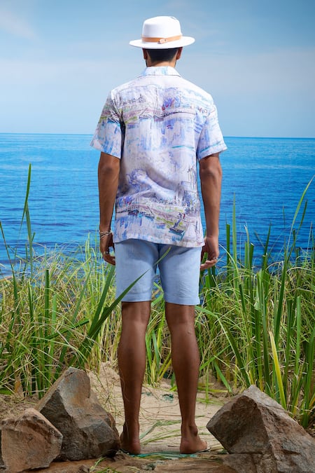 Shop Asuka Blue Linen Ibiza Breeze Print Shirt at Aza Fashions Shop_Asuka_Blue Linen Ibiza Breeze Print Shirt _at_Aza_Fashions