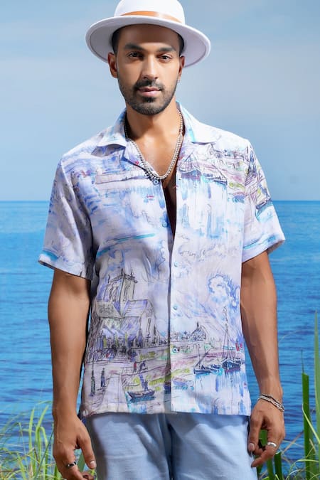 Asuka Blue Linen Ibiza Breeze Print Shirt Online at Aza Fashions Asuka_Blue Linen Ibiza Breeze Print Shirt _Online_at_Aza_Fashions