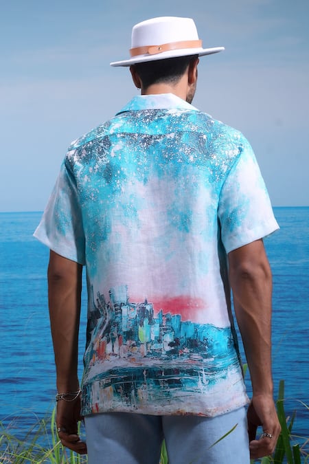 Shop Asuka Blue Linen Printed Summer Cityscape Shirt at Aza Fashions Shop_Asuka_Blue Linen Printed Summer Cityscape Shirt _at_Aza_Fashions