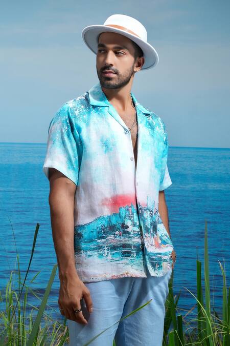 Asuka Blue Linen Printed Summer Cityscape Shirt Online at Aza Fashions Asuka_Blue Linen Printed Summer Cityscape Shirt _Online_at_Aza_Fashions