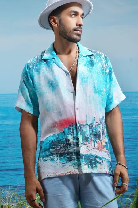 Buy Asuka Blue Linen Printed Summer Cityscape Shirt Online at Aza Fashions Buy_Asuka_Blue Linen Printed Summer Cityscape Shirt _Online_at_Aza_Fashions