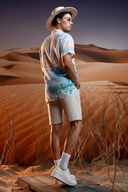 Shop Asuka Blue Linen Marina Serenity Print Shirt at Aza Fashions Shop_Asuka_Blue Linen Marina Serenity Print Shirt _at_Aza_Fashions