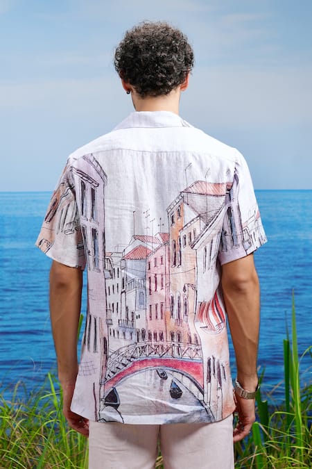 Shop Asuka White Linen Printed Venice Dreamscape Shirt at Aza Fashions Shop_Asuka_White Linen Printed Venice Dreamscape Shirt _at_Aza_Fashions
