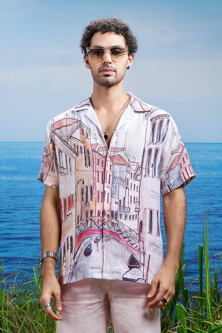Asuka White Linen Printed Venice Dreamscape Shirt Online at Aza Fashions Asuka_White Linen Printed Venice Dreamscape Shirt _Online_at_Aza_Fashions