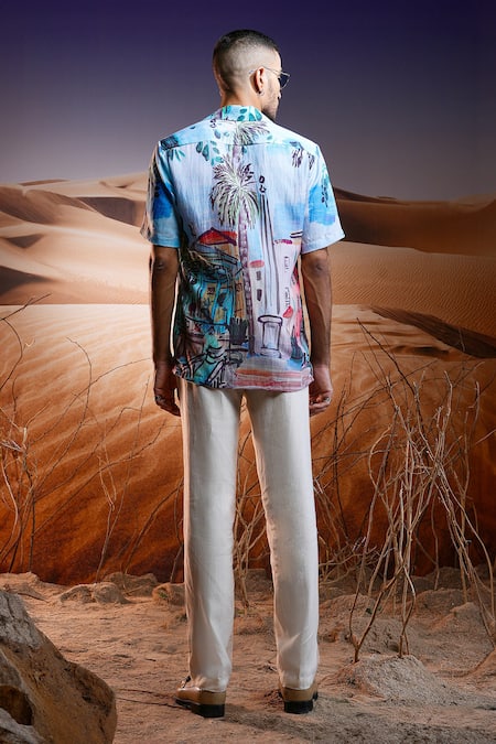 Shop Asuka Blue Linen Riviera Escapade Print Shirt at Aza Fashions Shop_Asuka_Blue Linen Riviera Escapade Print Shirt _at_Aza_Fashions