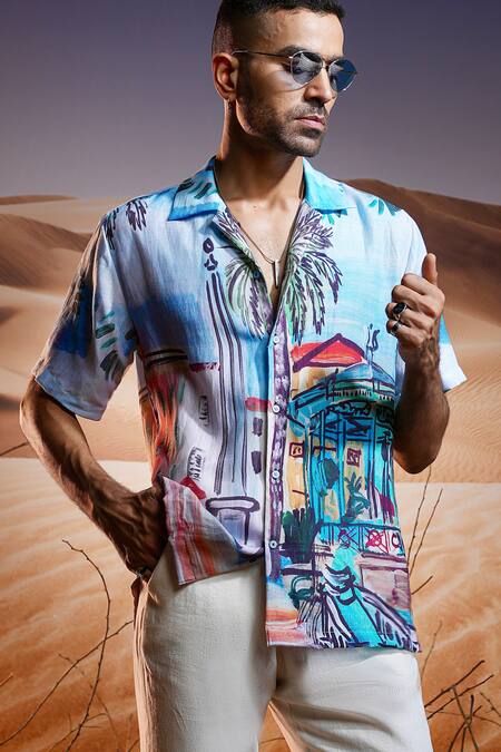 Asuka Blue Linen Riviera Escapade Print Shirt Online at Aza Fashions Asuka_Blue Linen Riviera Escapade Print Shirt _Online_at_Aza_Fashions