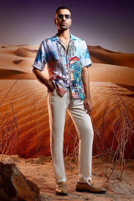 Buy Asuka Blue Linen Riviera Escapade Print Shirt Online at Aza Fashions Buy_Asuka_Blue Linen Riviera Escapade Print Shirt _Online_at_Aza_Fashions