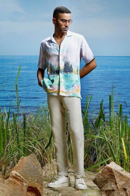 Asuka White Linen Whispering Valley Print Shirt Online at Aza Fashions Asuka_White Linen Whispering Valley Print Shirt _Online_at_Aza_Fashions