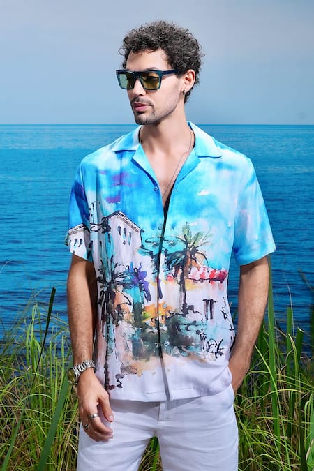 Buy_Asuka_Blue Linen Printed Santorini Shirt _Online_at_Aza_Fashions