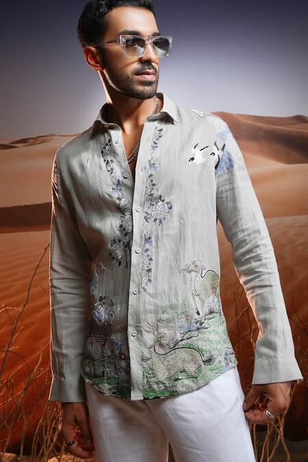 Asuka Grey Linen Embroidery Phoenix Whisper Shirt Online at Aza Fashions Asuka_Grey Linen Embroidery Phoenix Whisper Shirt _Online_at_Aza_Fashions